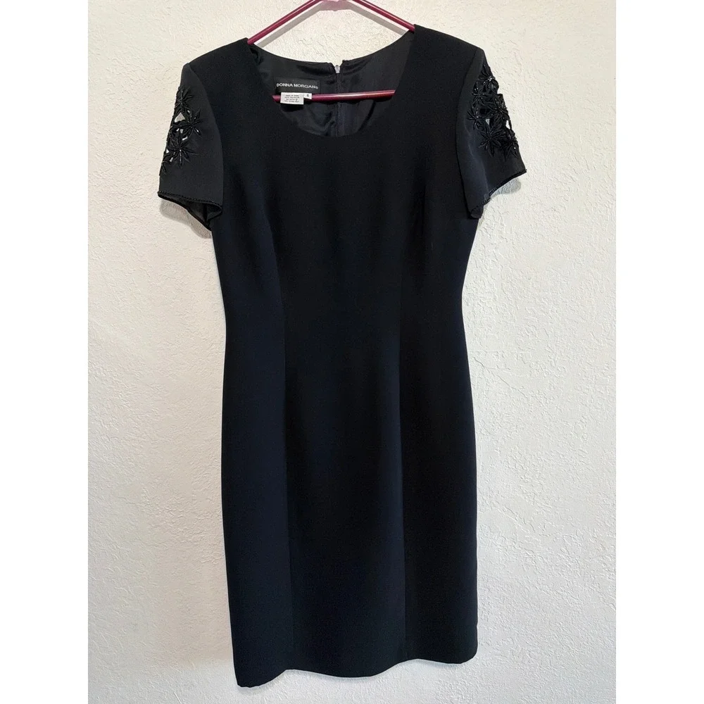 Donna Morgan Black Beaded Sheath Dress Floral Cutout Sleeve Event Cocktail 6